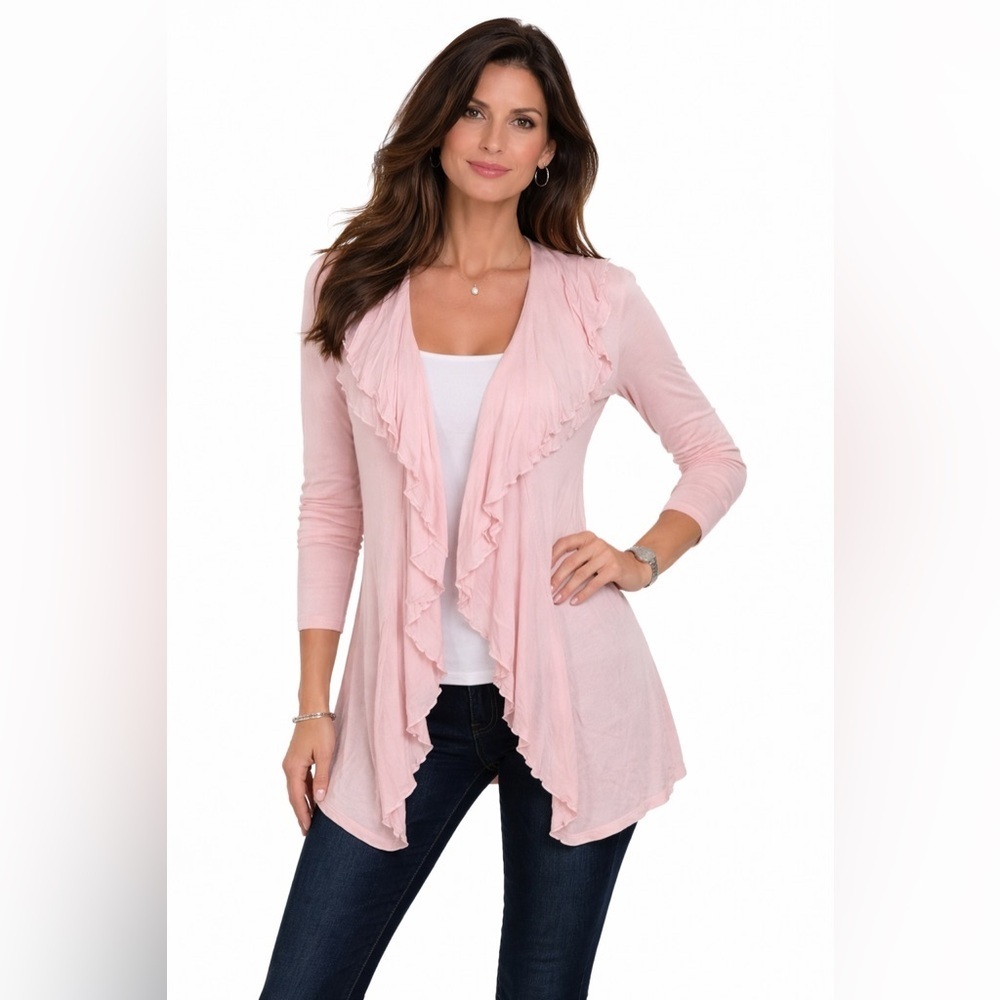 Fever NWT Women’s Open Front Pink Tunic Size Small Long Sleeve Ruffled Front